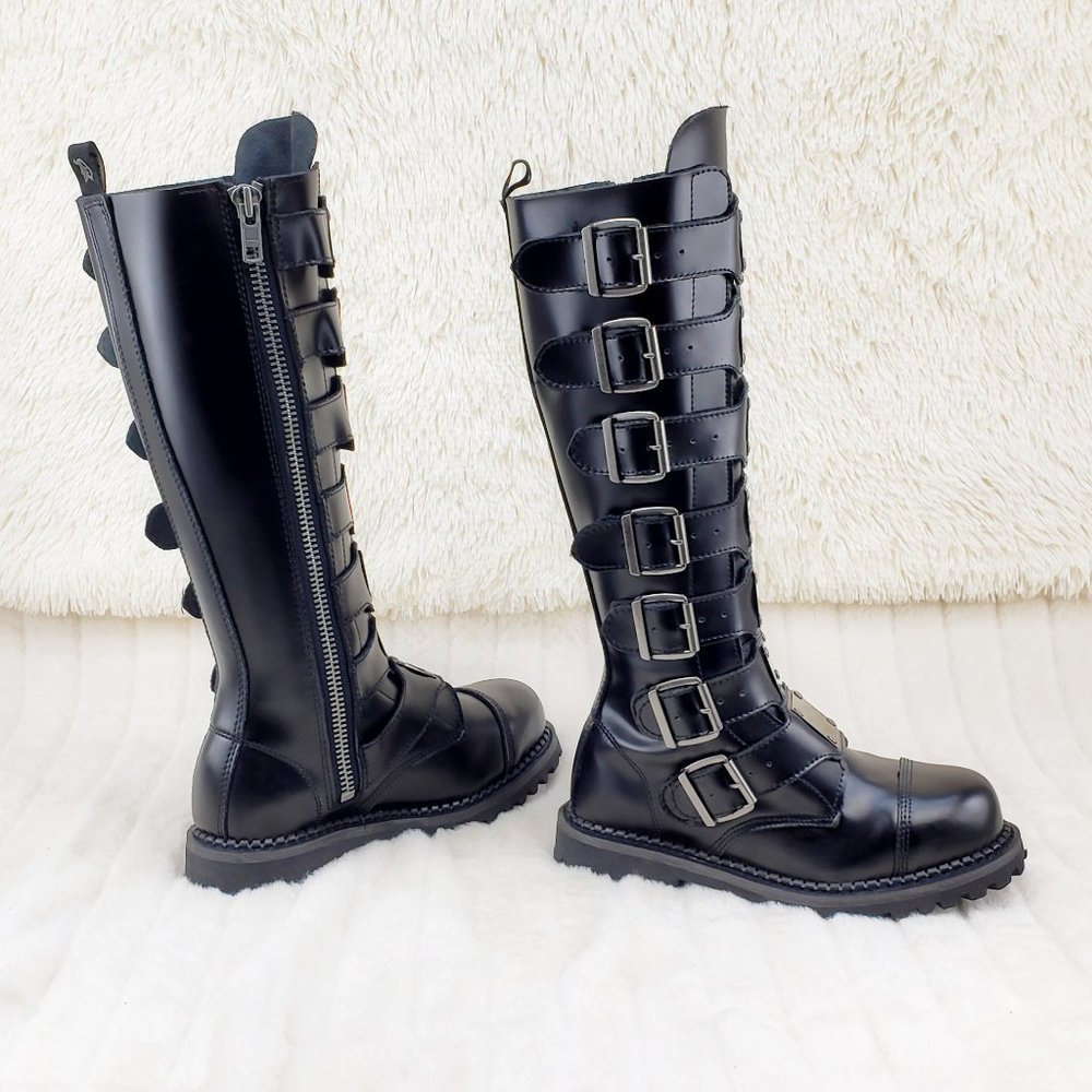 Leather Shin Guard Strap Men's Military Goth Biker Steel Toe Riot Boots - Picture 5 of 12